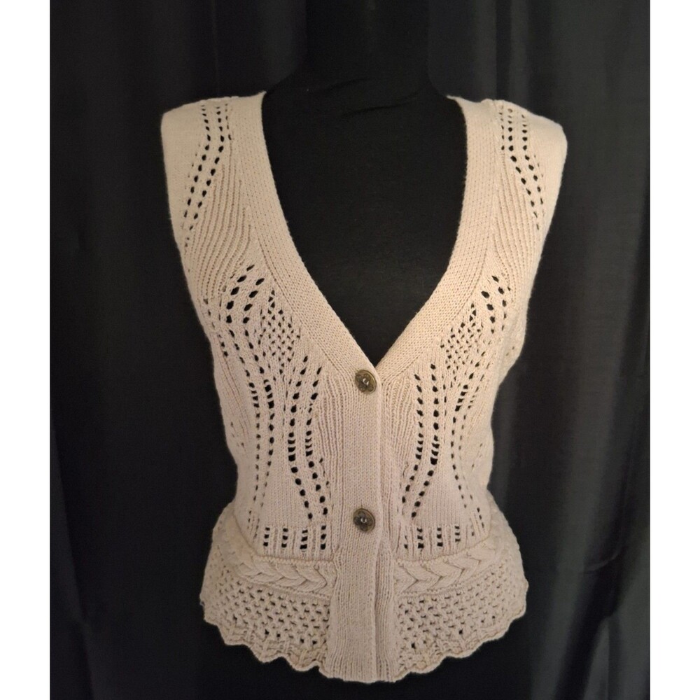 Womens NWT tan open knit button up crop sweater vest cotton Boho Sz XL